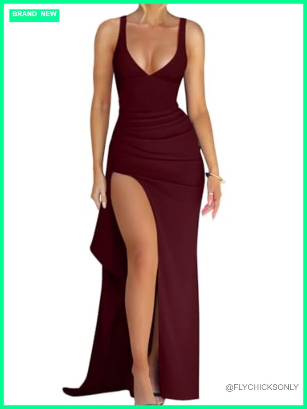 Sexy Plunge Neckline Bodycon Maxi Dress High Slit Ruched Party Gown